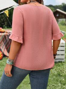 EMERY ROSE Blusa de verano con mangas con volantes de unicolor y talla grande, estilo casual de vacaciones, playa, para vacaciones de verano, concierto country, estilo bohemio, vacaciones, ropa occidental para mujer de talla grande, top para fiesta - Verde Oscuro - Ver 2