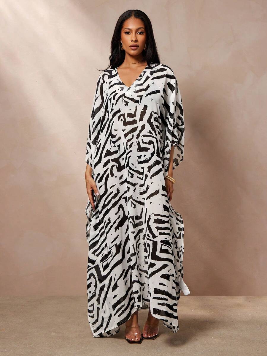 透明雪纺抽象印花 V 领卡夫坦连衣裙 - 黑與白 - 查看 1