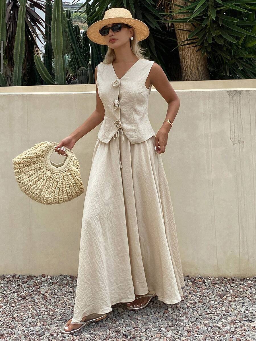 DAZY 2件套女士纯色无袖单排扣背心和半裙套装，春夏款 - 卡其色 - 查看 1