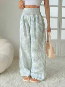 INAWLY 女士格子高腰宽松阔腿休闲裤