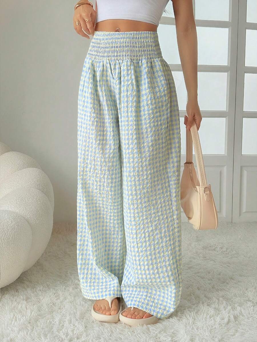 INAWLY 女士格子高腰宽松阔腿休闲裤