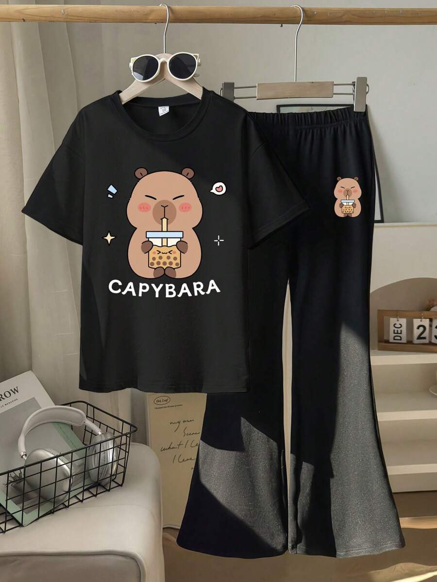 Teenage Girls Capybara Cartoon Bubble Tea Print Round Neck Short Sleeve T-Shirt And Knitted Tight Flare Pants Black Cute Set Capybara Clothes Kids - Black - View 1