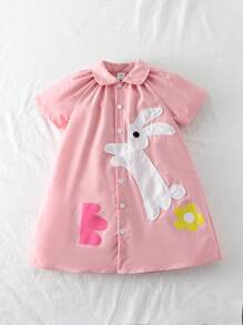 SHEIN 女童翻领前纽扣装饰可爱花卉印花褶皱下摆短袖连衣裙，夏季