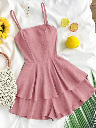 SHEIN Teen Girls' Chiffon Textured Bubble Layered Ruffle Cinched Waist Romper Jumpsuit, Pink, Casual For Spring & Summer