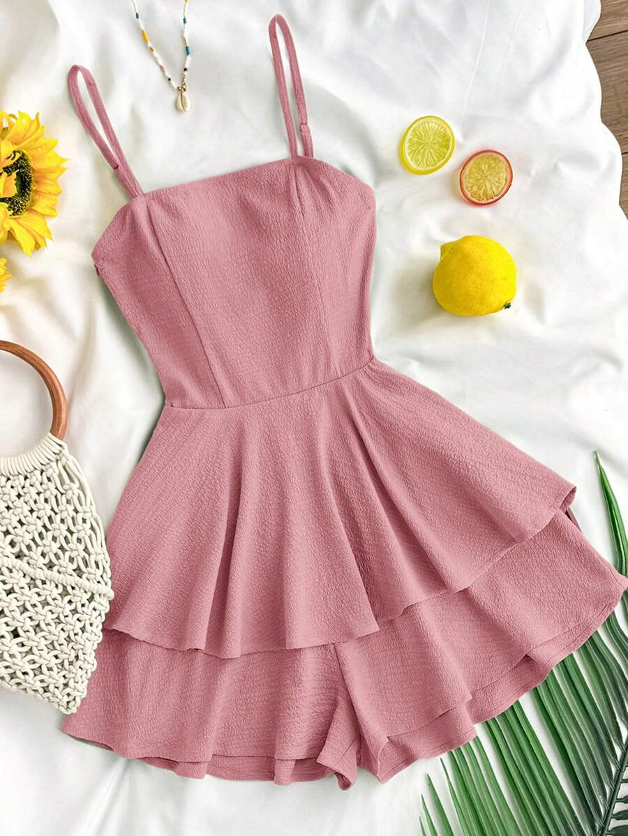 SHEIN Teen Girls' Chiffon Textured Bubble Layered Ruffle Cinched Waist Romper Jumpsuit, Pink, Casual For Spring & Summer - Pink - View 1