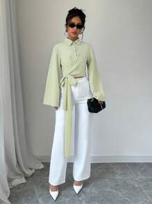 Elenzga 女式春季简约纯色喇叭袖裹身系带短款衬衫