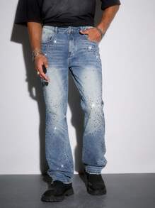 ROMWE MEN Street Life Men's Street Life Stacked Diamond Embellished Flared Jeans