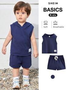 Baby Boy Letter Patched Detail Hooded Tank Top & Drawstring Waist Shorts Plain Baby Boys Setsbaby Boy Summer Sets2 Pcs Set Kids - Navy Blue - View 1