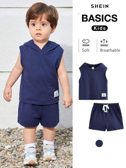 Baby Boy Letter Patched Detail Hooded Tank Top & Drawstring Waist Shorts Plain Baby Boys Setsbaby Boy Summer Sets2 Pcs Set Kids