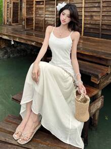 DAZY Vestido con tiras largas y empalmado para mujer, primavera/verano