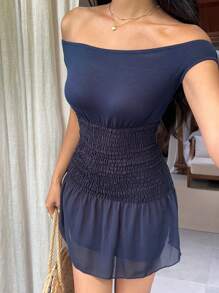 Sunnyshic Solid Color Off Shoulder Patchwork Mini Dress