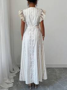 Modelyn Floral Print Patchwork Embroidery Mesh Cap Sleeve A-Line Dress - Apricot - View 2