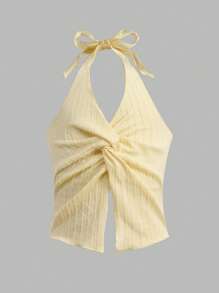 SHEIN Tween Girl Casual Vacation Textured Knit Light Yellow Butterfly Decor Halter Neck Camisole