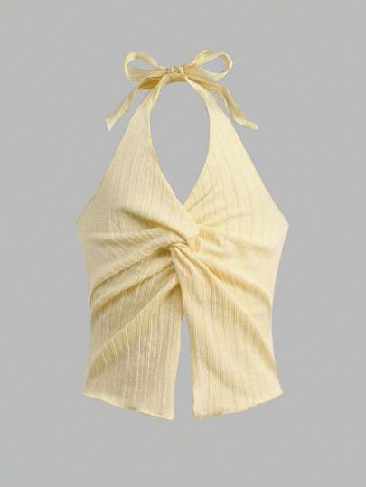 SHEIN 少女休闲度假风针织浅黄色蝴蝶结装饰吊带背心
