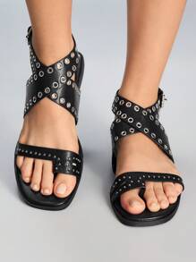 CUCCOO GRLICON Sandalias planas para mujer, estilo punk Y2K con vibra de motocicleta, moda de verano