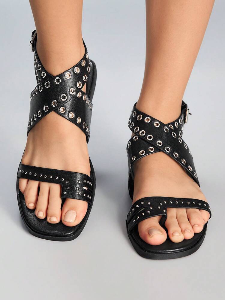 CUCCOO GRLICON Women's Flat Sandals, Y2K Punk Style Motorcycle Vibe, Summer Fashion