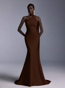 Elitara Elegant, Glamorous, And Stylish, This Coffee-Brown Knit Dress Features A Deep Backless Design, A Flowing Ribbon Neckline, And A Fitted Mermaid Silhouette With A Long Train. Suitable For Formal Occasions Such As Weddings, Cocktail Parties, Balls, And Elaborate Evening Gowns. - Brown - View 5