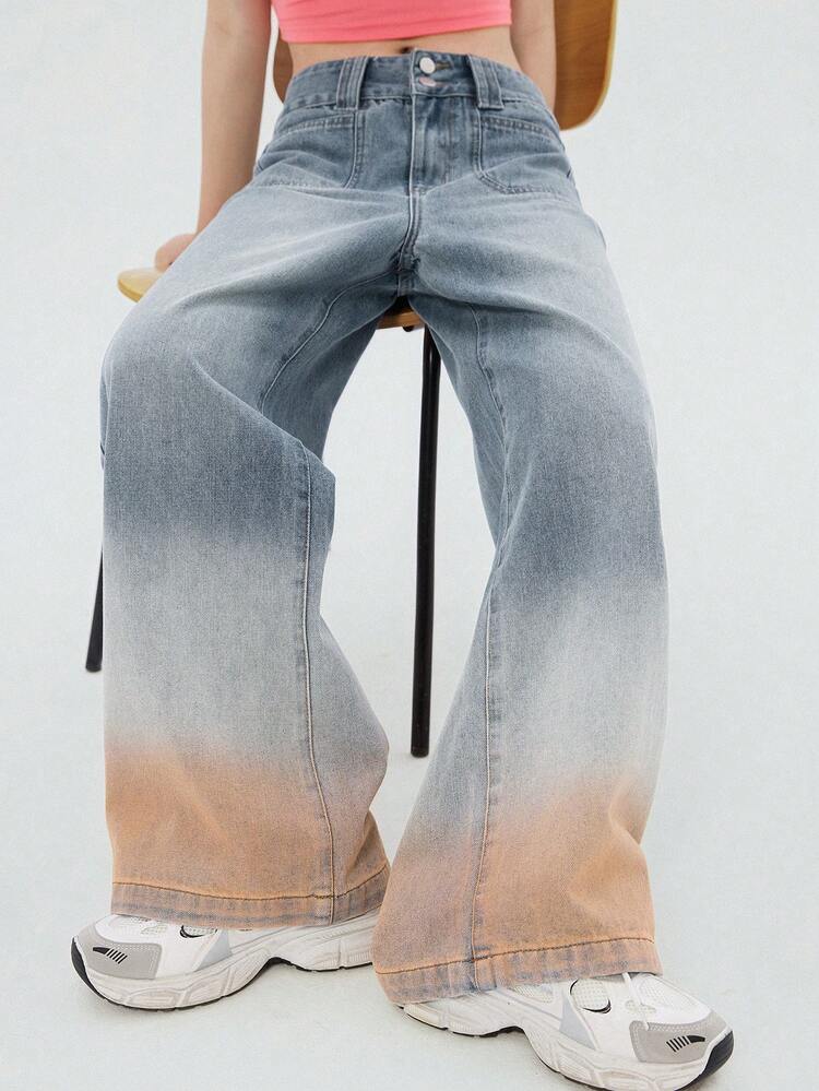 Light-Colored Washed Blue Ombre Wide-Leg Jeans, Casual Loose Fit, All Season