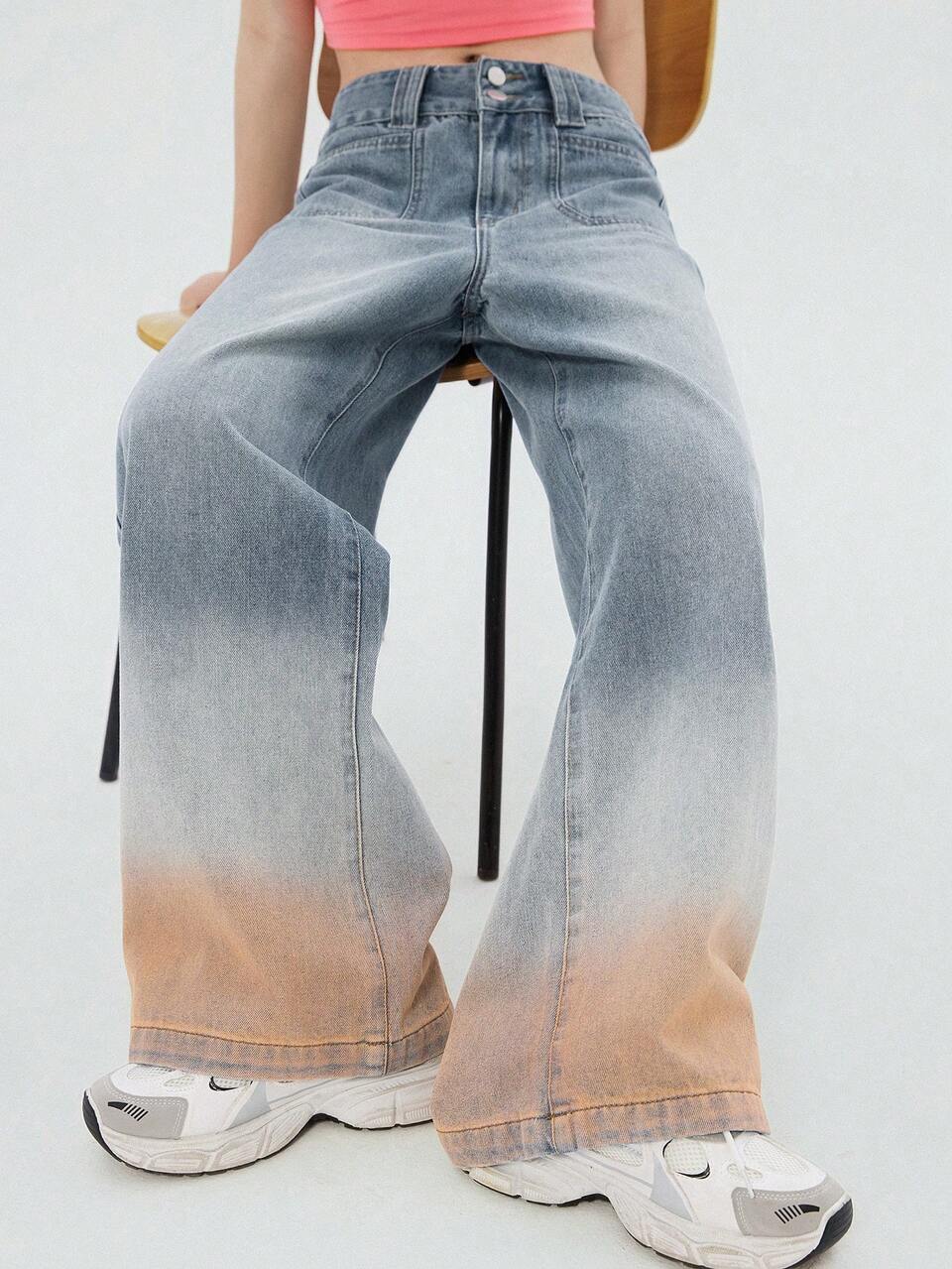 Light-Colored Washed Blue Ombre Wide-Leg Jeans, Casual Loose Fit, All Season