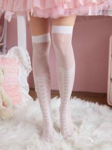 ROMWE Kawaii 1 Paar Spitzen Kreuzbänder Oberschenkel Overknee Socken, Lolita Punk Stil Fake Stiefel Strümpfe, Damen Overknee Strumpfhosen