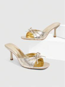 CUCCOO SZL 女士金色金属 PU 蝴蝶结装饰舒适方头穆勒高跟凉鞋 - 金色 - 查看 2