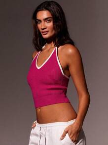 Athîral Women's Contrast Hot Pink Knit Halterneck Top - Hot Pink - View 5