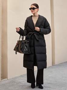 CLARA VERO Women's Solid Faux Fur Detailed Elegant Midi Winter Coat - Black - View 5