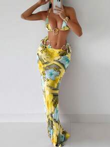 Bonvoyette Bộ 3 món đồ bơi bikini dây mảnh in họa tiết toàn thân cho nữ, quần bikini tam giác và chân váy ngắn - Màu vàng - Xem 1