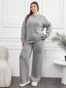 EURMUSE Plus Size Casual Crew Neck Melange Yarn Faux Pearl Beaded Drop Shoulder Solid Sweater & Wide Leg Plain Drawcord Detailed Sweater Pants 2 Pieces Set, For Winter - Grey - View 3