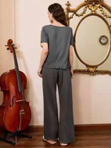 Côtesoire Romantic Soft Bowknot Asymmetric Lace Trim V-Neck Milk Silk Ladies Sleepwear Short Sleeve Pants Set - Dark Grey - View 3