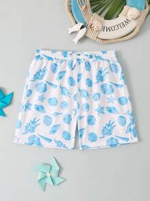 SHEIN Young Boy Shell & Seashell Print Beach Shorts Swimsuit - Baby Blue - View 3