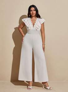 Viva Relle Plus Size Elegant Casual Ruffle Lace Trim Cap Sleeve Jumpsuit - Apricot - View 5