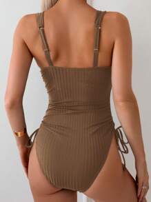 SHEIN Swim 1 pieza Traje de baño de una sola pieza con cuello cuadrado acanalado y unicolor para mujer - Marrón - Ver 2