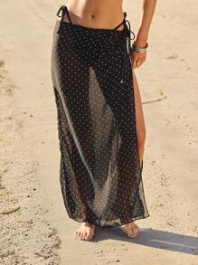 Aralina 4th Of July Polka Dot Summer Beach Cover Up Sheer Maxi Skirt With Waist Tie Detail Perfect For Summer Beach Outfits - Black - View 5
