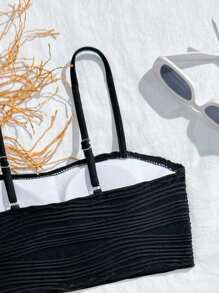 SHEIN Tween Girl Summer Beach Vacation Style Shell & Starfish Pattern Braided Bandeau Bikini Set Summer Holiday - Black - View 4