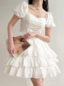 Modelyn Romantic Embroidery Ruffle Hem Women Mini Dress, White Dress For Graduation, Summer Dresses For Women, Birthday Dresses For Women, Flowy Dress, Graduation Dresses, Embroidered Dress, White Dress For Graduation - White - View 6