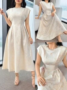 Modelyn Vestido elegante de longitud media con decoración de perlas falsas y jacquard floral para mujer - Albaricoque - Ver 1