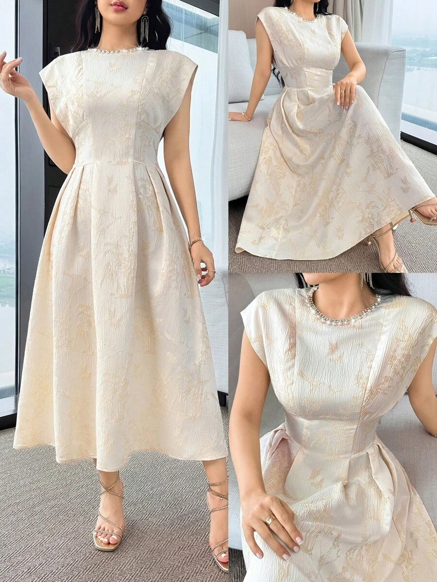 Modelyn Vestido elegante de longitud media con decoración de perlas falsas y jacquard floral para mujer - Albaricoque - Ver 1