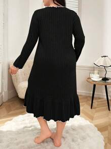 Plus Size Bow Decor V Neck Ruffle Trim Cozy Knit Sleep Dress, Outfit, Fall & Winter - Black - View 2