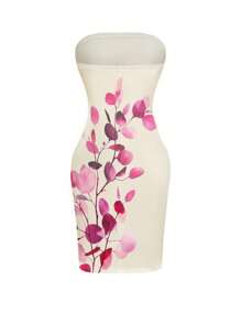 INAWLY 女士夏季度假风格植物印花修身露肩短款连衣裙