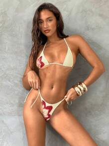 Aloruh Conjunto de bikini con parte superior halter mini y Bottom con lazos de mujer, elegante y sexy, con estampado floral vintage, perfecto para nadar, la playa y vacaciones - Multicolor - Ver 4