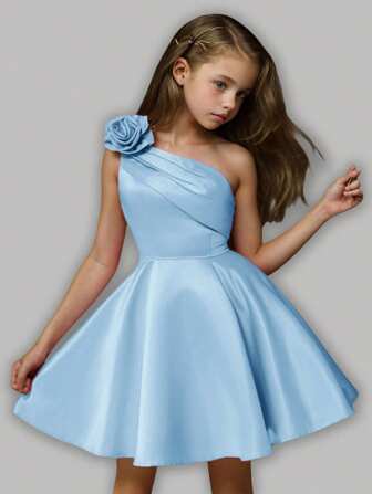 Girlism Abito elegante e lussuoso per ragazze adolescenti, abito da sera corto a balze con fiori 3D sulla spalla