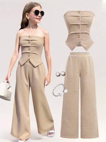 Girlism Conjunto informal de 2 piezas para niña preadolescente con cárdigan corto de punto color albaricoque con cordón en la cintura y pantalones de pierna ancha, adecuado para volver al colegio, ocasiones de dama de honor y uso versátil