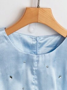 SHEIN Clasi Women's Sleeveless Solid Color Rhinestone Decor Elegant Blouse - Blue - View 3