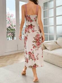 SHEIN Váy ngủ dài dây mảnh in hoa ren màu tương phản cho nữ - Hồng - Xem 3