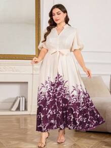 Modelyn 大码女式优雅印花收腰喇叭裙 - 酒紅色 - 查看 6