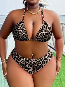 Slaydiva 2件套加大码女式豹纹吊带三点式比基尼泳装