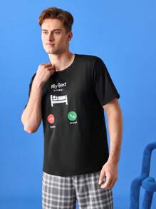 Notgurli 休闲“我的床”图案舒适套头 T 恤，适合年轻男士、家居服 - 黑色 - 查看 6