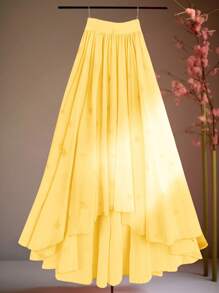 SHEIN LUNE 新款浪漫雪纺印花前短后长黄色半身裙 - 黃色 - 查看 3