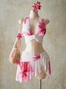 SHEIN ICON 加大码女式 Y2k 外出度假花卉印花露背短款上衣和低腰花卉印花迷你裙套装，夏威夷伊比沙岛风情装